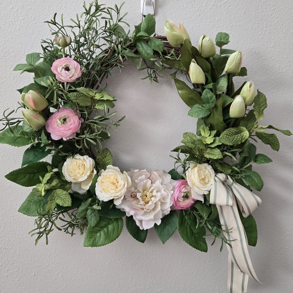 Cottage Garden Wreath Realistic Mint Basil Rosemary Ranunculus Peony And Tulips